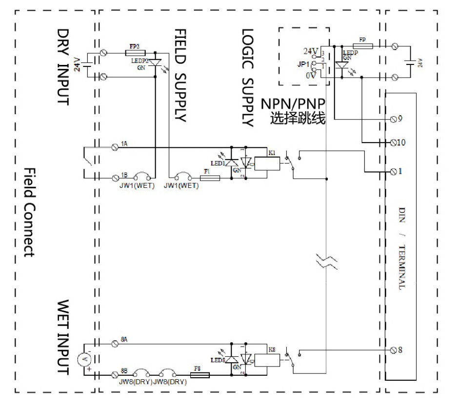 8通道继电器隔离输入 接线示意图